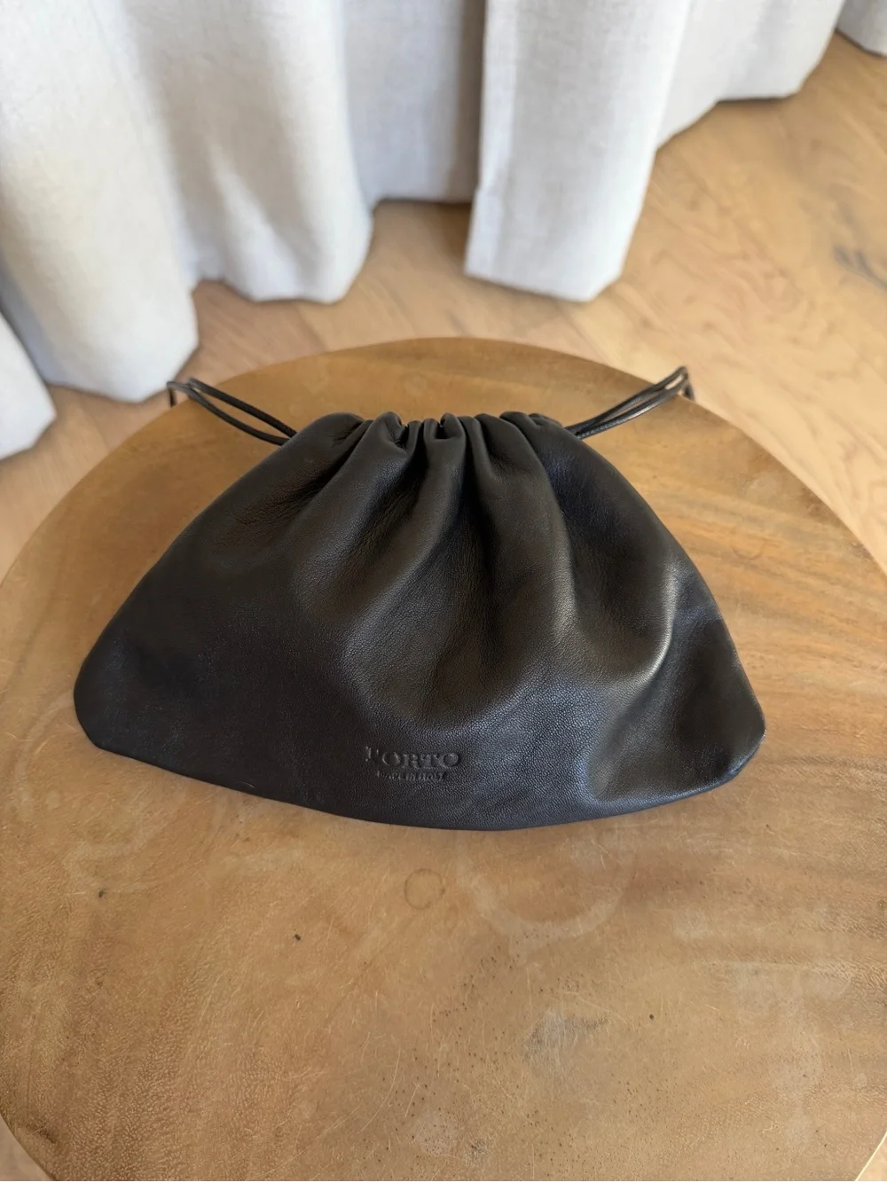 Porto Black Leather Drawstring Clutch